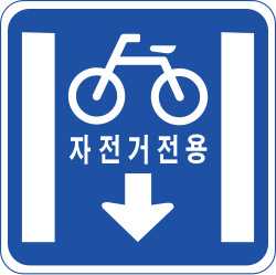 Korean road sign 318: blue rectangle with bicycle, lane lines and arrow
